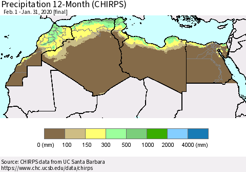 North Africa Precipitation 12-Month (CHIRPS) Thematic Map For 2/1/2019 - 1/31/2020