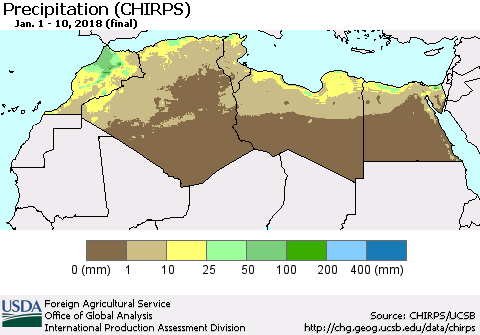 North Africa Precipitation (CHIRPS) Thematic Map For 1/1/2018 - 1/10/2018