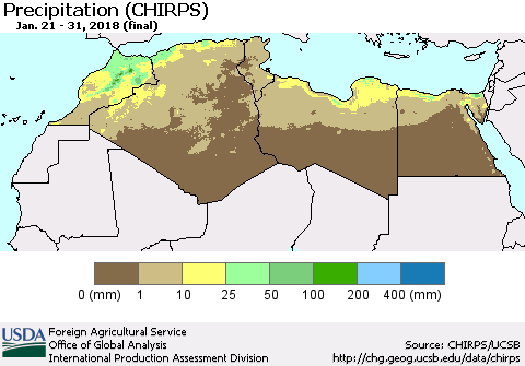 North Africa Precipitation (CHIRPS) Thematic Map For 1/21/2018 - 1/31/2018