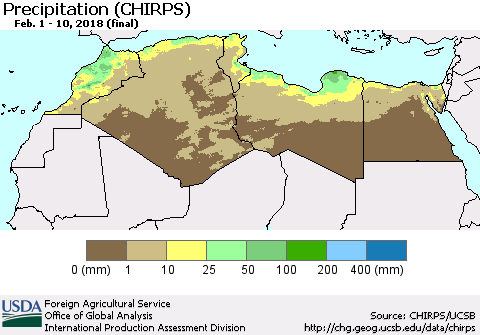 North Africa Precipitation (CHIRPS) Thematic Map For 2/1/2018 - 2/10/2018