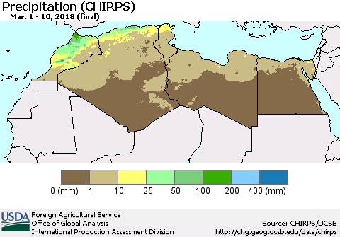 North Africa Precipitation (CHIRPS) Thematic Map For 3/1/2018 - 3/10/2018
