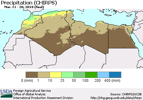 North Africa Precipitation (CHIRPS) Thematic Map For 3/11/2018 - 3/20/2018
