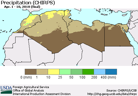 North Africa Precipitation (CHIRPS) Thematic Map For 4/1/2018 - 4/10/2018