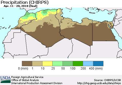 North Africa Precipitation (CHIRPS) Thematic Map For 4/11/2018 - 4/20/2018