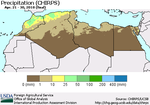 North Africa Precipitation (CHIRPS) Thematic Map For 4/21/2018 - 4/30/2018
