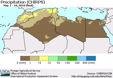 North Africa Precipitation (CHIRPS) Thematic Map For 5/1/2018 - 5/10/2018