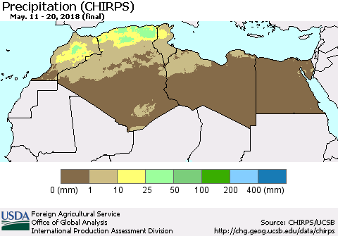 North Africa Precipitation (CHIRPS) Thematic Map For 5/11/2018 - 5/20/2018