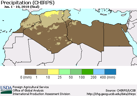 North Africa Precipitation (CHIRPS) Thematic Map For 6/1/2018 - 6/10/2018