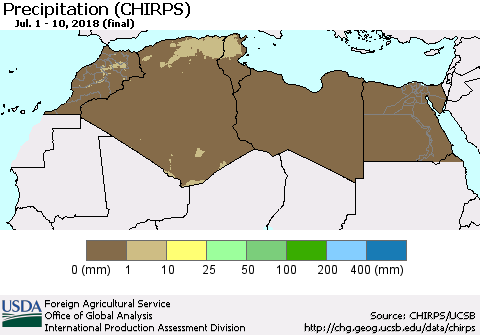 North Africa Precipitation (CHIRPS) Thematic Map For 7/1/2018 - 7/10/2018