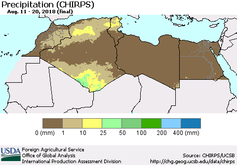 North Africa Precipitation (CHIRPS) Thematic Map For 8/11/2018 - 8/20/2018