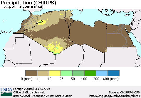 North Africa Precipitation (CHIRPS) Thematic Map For 8/21/2018 - 8/31/2018