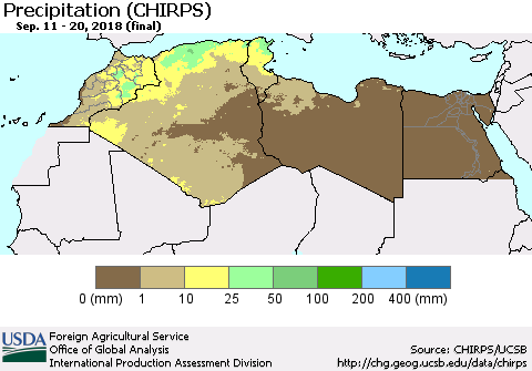 North Africa Precipitation (CHIRPS) Thematic Map For 9/11/2018 - 9/20/2018