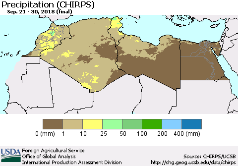 North Africa Precipitation (CHIRPS) Thematic Map For 9/21/2018 - 9/30/2018