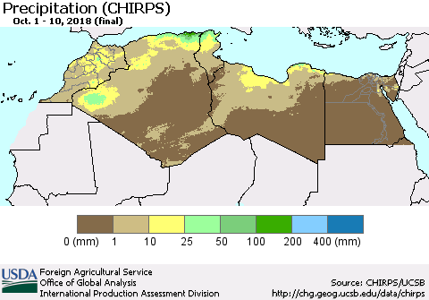 North Africa Precipitation (CHIRPS) Thematic Map For 10/1/2018 - 10/10/2018