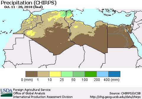 North Africa Precipitation (CHIRPS) Thematic Map For 10/11/2018 - 10/20/2018