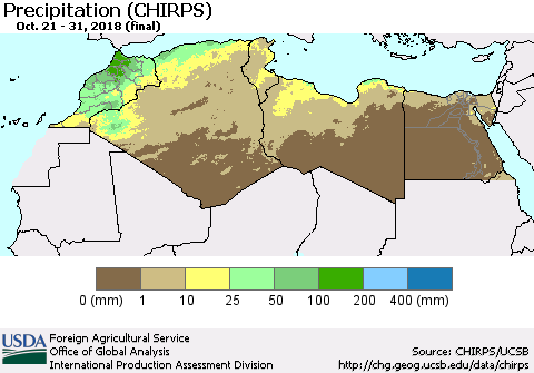 North Africa Precipitation (CHIRPS) Thematic Map For 10/21/2018 - 10/31/2018