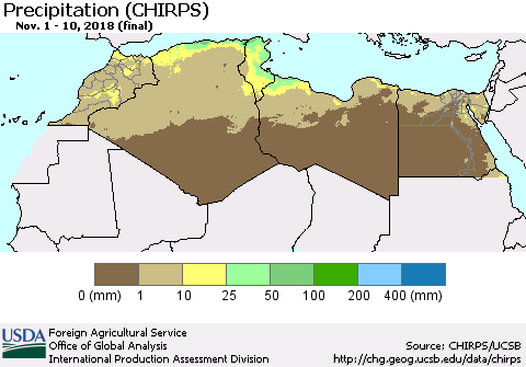 North Africa Precipitation (CHIRPS) Thematic Map For 11/1/2018 - 11/10/2018