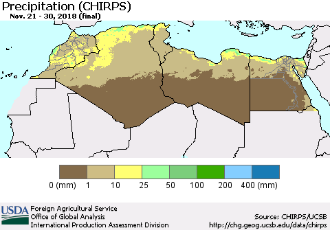 North Africa Precipitation (CHIRPS) Thematic Map For 11/21/2018 - 11/30/2018