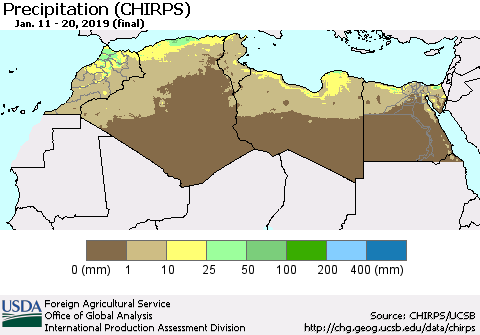 North Africa Precipitation (CHIRPS) Thematic Map For 1/11/2019 - 1/20/2019