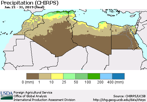 North Africa Precipitation (CHIRPS) Thematic Map For 1/21/2019 - 1/31/2019