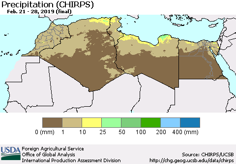 North Africa Precipitation (CHIRPS) Thematic Map For 2/21/2019 - 2/28/2019