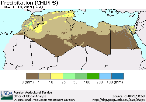 North Africa Precipitation (CHIRPS) Thematic Map For 3/1/2019 - 3/10/2019