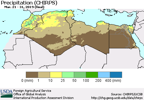 North Africa Precipitation (CHIRPS) Thematic Map For 3/21/2019 - 3/31/2019