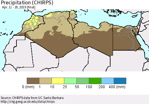 North Africa Precipitation (CHIRPS) Thematic Map For 4/11/2019 - 4/20/2019