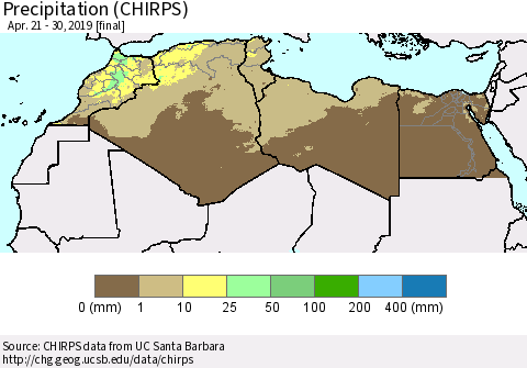 North Africa Precipitation (CHIRPS) Thematic Map For 4/21/2019 - 4/30/2019