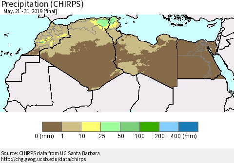 North Africa Precipitation (CHIRPS) Thematic Map For 5/21/2019 - 5/31/2019