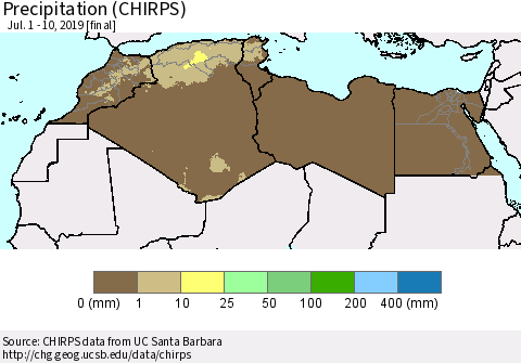 North Africa Precipitation (CHIRPS) Thematic Map For 7/1/2019 - 7/10/2019