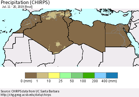 North Africa Precipitation (CHIRPS) Thematic Map For 7/11/2019 - 7/20/2019