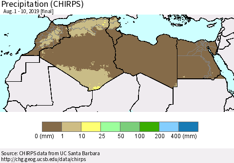 North Africa Precipitation (CHIRPS) Thematic Map For 8/1/2019 - 8/10/2019