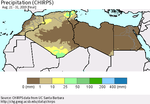 North Africa Precipitation (CHIRPS) Thematic Map For 8/21/2019 - 8/31/2019