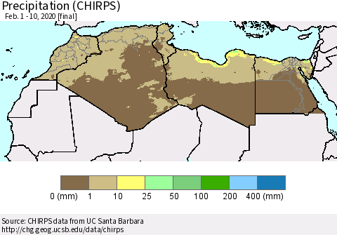 North Africa Precipitation (CHIRPS) Thematic Map For 2/1/2020 - 2/10/2020