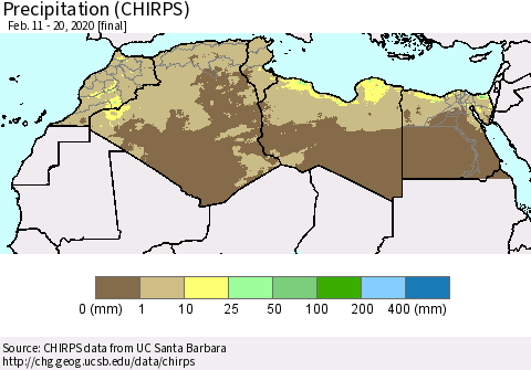 North Africa Precipitation (CHIRPS) Thematic Map For 2/11/2020 - 2/20/2020
