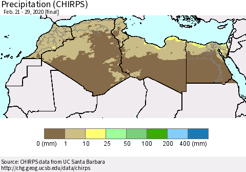North Africa Precipitation (CHIRPS) Thematic Map For 2/21/2020 - 2/29/2020