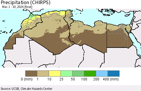 North Africa Precipitation (CHIRPS) Thematic Map For 3/1/2024 - 3/10/2024