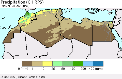 North Africa Precipitation (CHIRPS) Thematic Map For 3/21/2024 - 3/31/2024