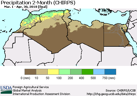 North Africa Precipitation 2-Month (CHIRPS) Thematic Map For 3/1/2018 - 4/30/2018