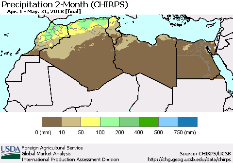 North Africa Precipitation 2-Month (CHIRPS) Thematic Map For 4/1/2018 - 5/31/2018