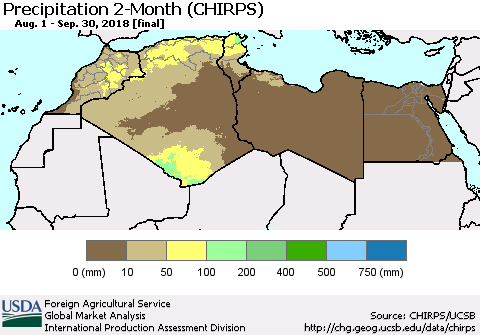 North Africa Precipitation 2-Month (CHIRPS) Thematic Map For 8/1/2018 - 9/30/2018