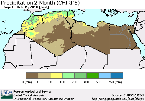 North Africa Precipitation 2-Month (CHIRPS) Thematic Map For 9/1/2018 - 10/31/2018
