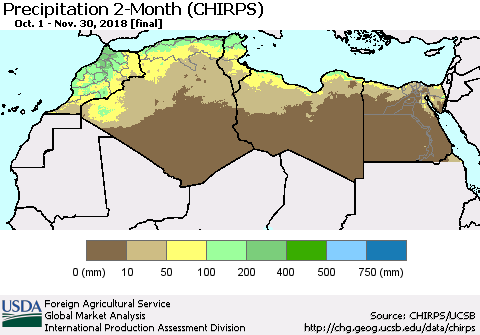 North Africa Precipitation 2-Month (CHIRPS) Thematic Map For 10/1/2018 - 11/30/2018