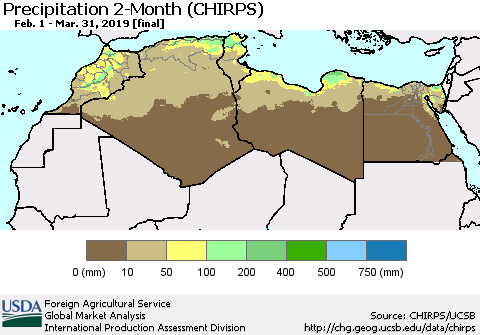 North Africa Precipitation 2-Month (CHIRPS) Thematic Map For 2/1/2019 - 3/31/2019