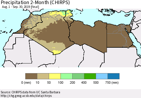 North Africa Precipitation 2-Month (CHIRPS) Thematic Map For 8/1/2019 - 9/30/2019