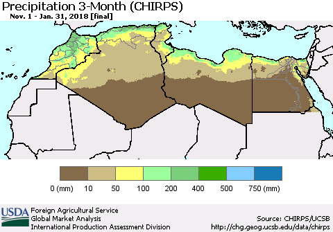North Africa Precipitation 3-Month (CHIRPS) Thematic Map For 11/1/2017 - 1/31/2018