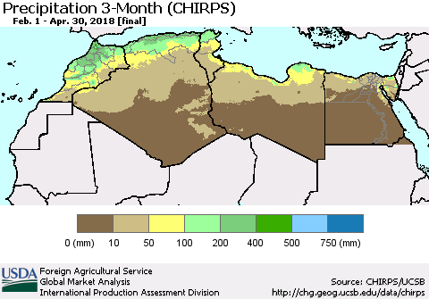 North Africa Precipitation 3-Month (CHIRPS) Thematic Map For 2/1/2018 - 4/30/2018