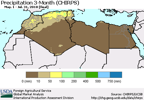 North Africa Precipitation 3-Month (CHIRPS) Thematic Map For 5/1/2018 - 7/31/2018