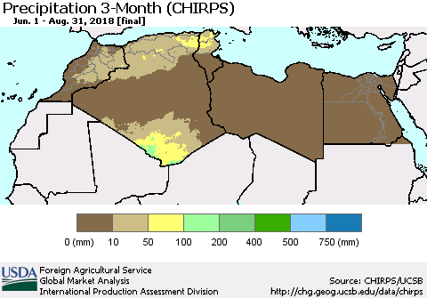 North Africa Precipitation 3-Month (CHIRPS) Thematic Map For 6/1/2018 - 8/31/2018